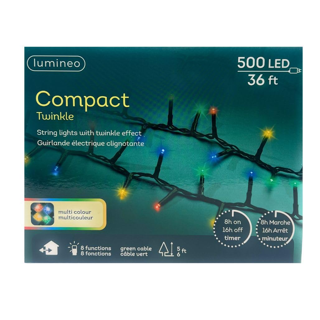 Lumineo 500 LED Multi-Colored Christmas Lights Set, Green Wire, 36 Feet, Model 781655