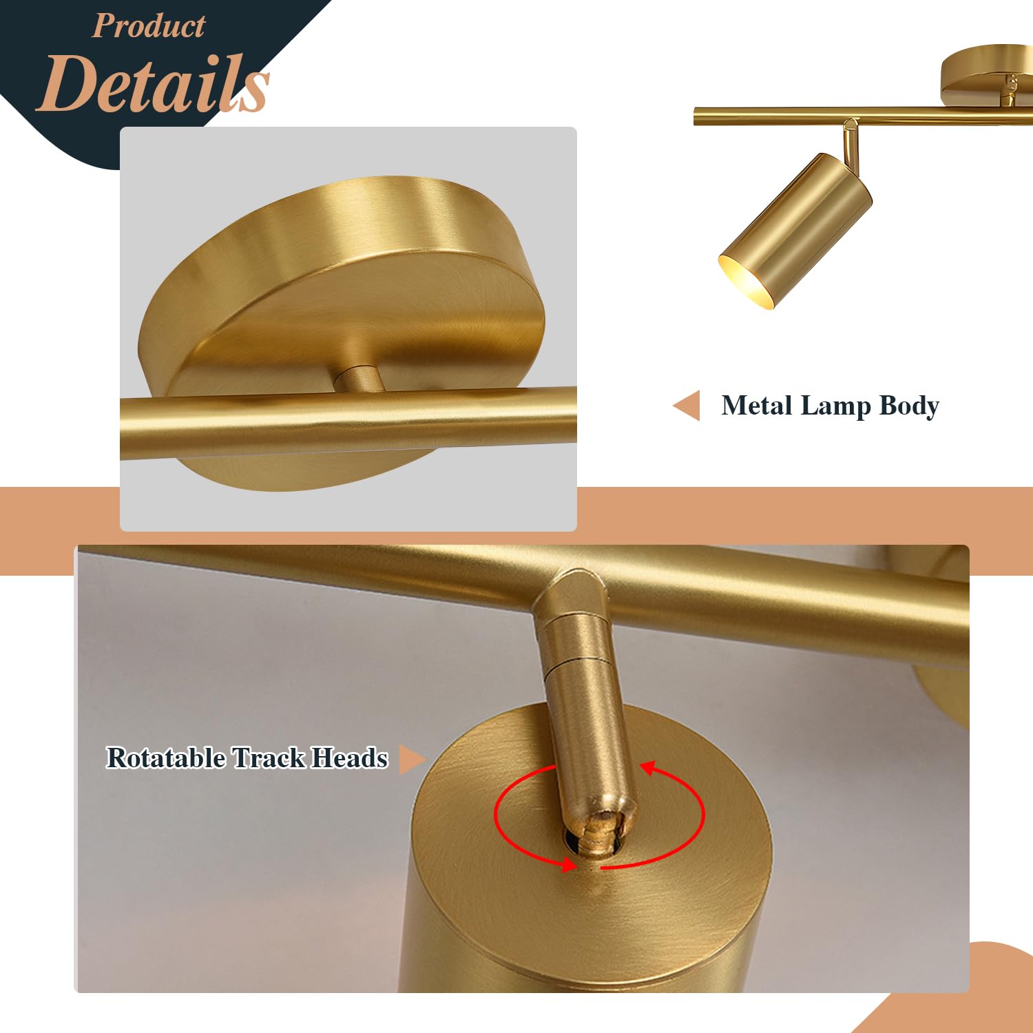 Bokt Mid Century Modern 2-Lights Led Track Lighting Kit, Gold Flush Mount, Adjustable Angle, Brushed Brass, Model Df-B6Yv-C8Ci-2