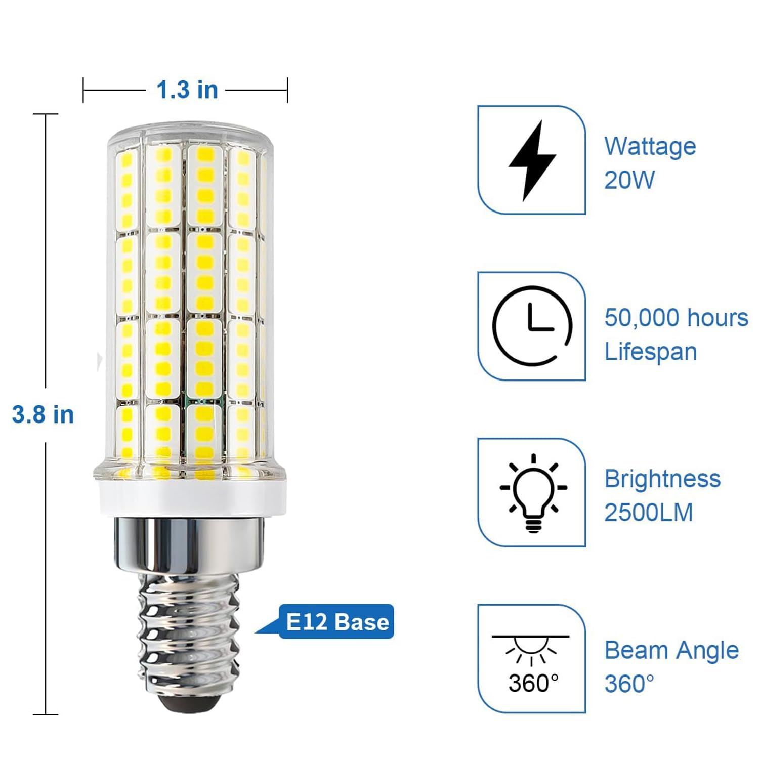 RIUVAO E12 LED Bulb, 20W 2500 Lumen Cool Daylight White, Non-Dimmable, 6-Pack, Ideal for Ceiling Fans and Indoor Use