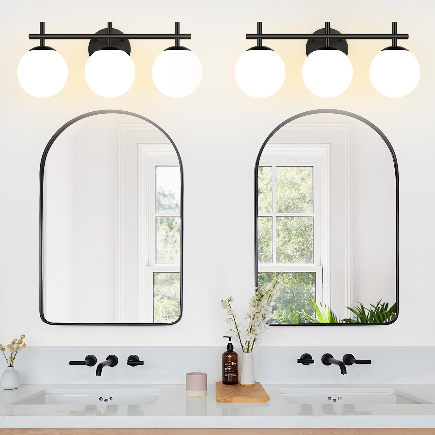 3-Light Bathroom Light Fixtures  Matte Black Vanity Lights For Bathroom With Milky White Glass Ball Shade  18.9 Inch Bathroom Lighting Fixtures Over Mirror  Wall Sconce For Bedroom (Bulb Not Included)