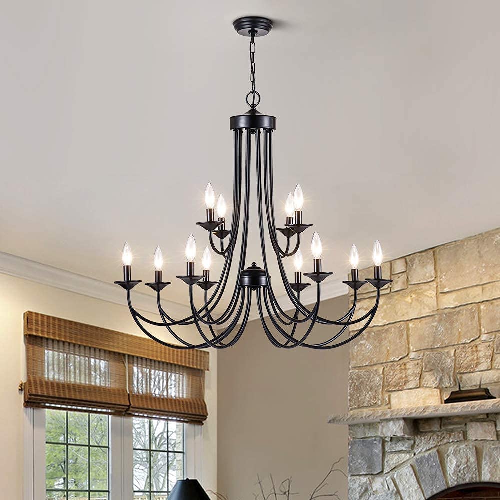 Maxax 12-Light Farmhouse Candle Chandelier, Rustic Black Wrought Iron Pendant Light For Living Room