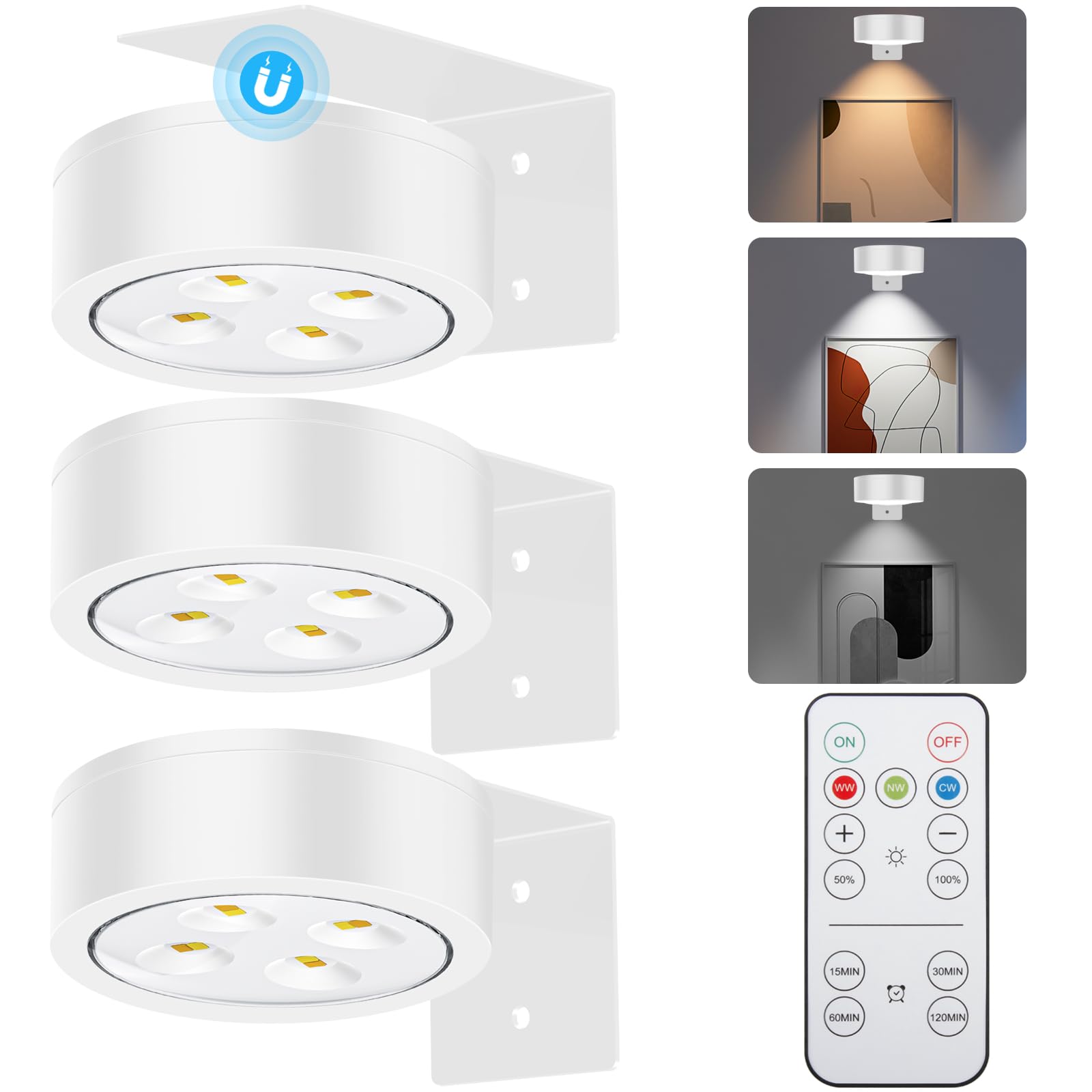 SIXDEFLY Picture Lights, Battery Operated LED Art Display Light, 3 Modes, Remote Control, 3 Pack, White