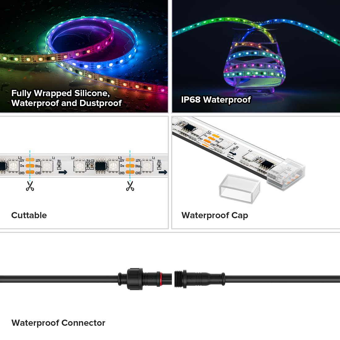 BTF-LIGHTING WS2811 RGB LED Strip, IP68 Waterproof, 60 LEDs/m, 16.4ft, White PCB, Flexible, DC12V, Model WS28115M