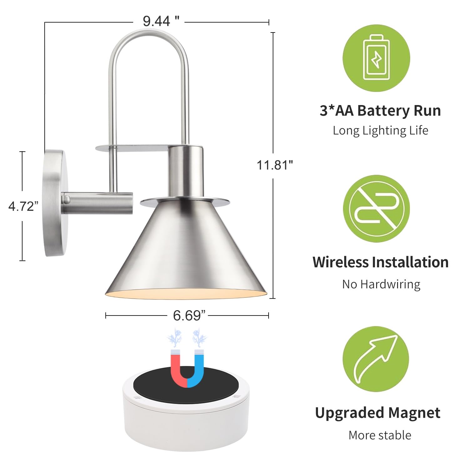 Novantl Brushed Nickel Battery Operated Wall Sconce, Wireless Battery Operated Wall Lights, Wall Sconces Set Of Two Battery Operated, Remote Wall Sconces Battery Operated For Gallery, Bedroom