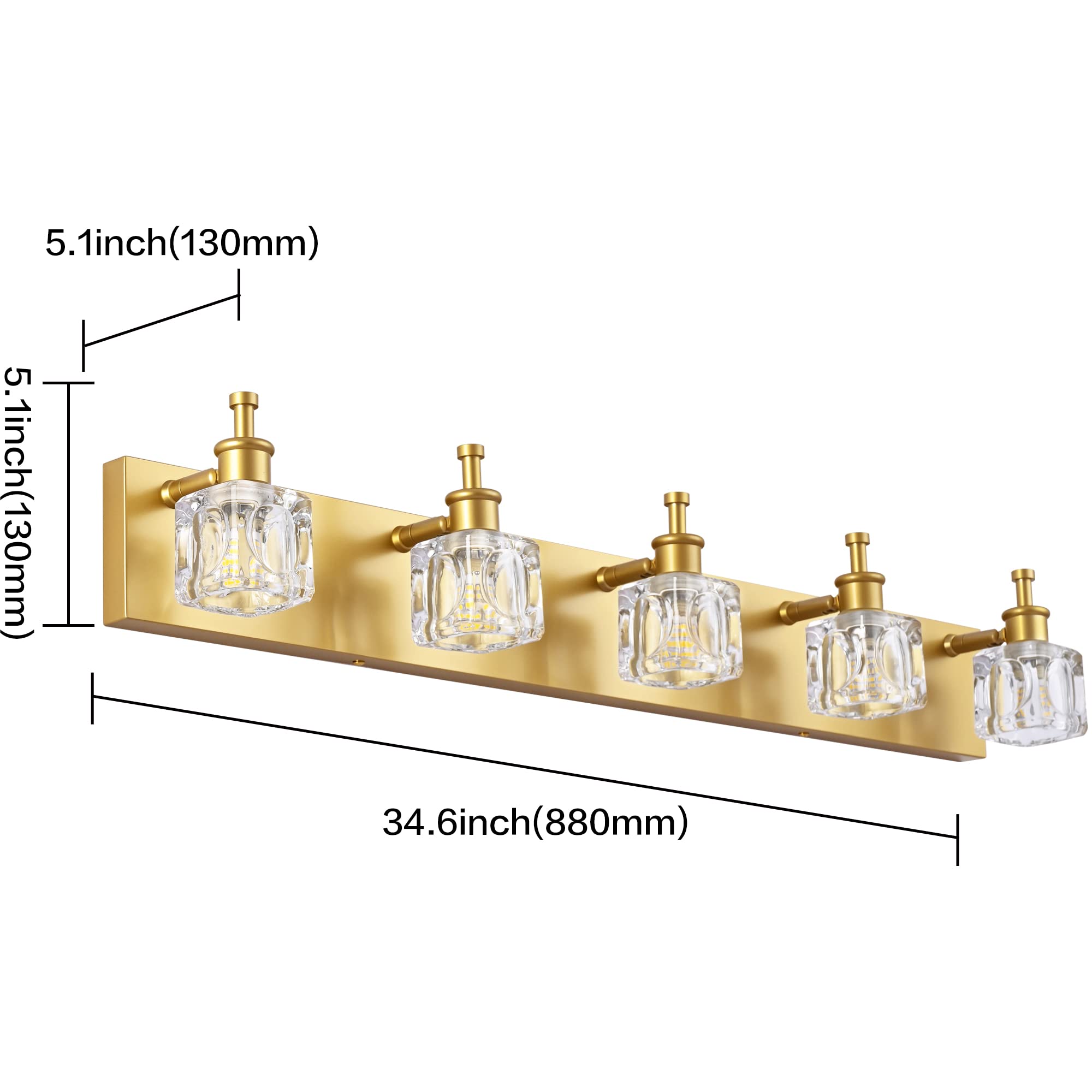 PRESDE Modern Crystal Vanity Light Fixture, 5 Lights, Gold Finish, Bathroom Wall Light for Over Mirror