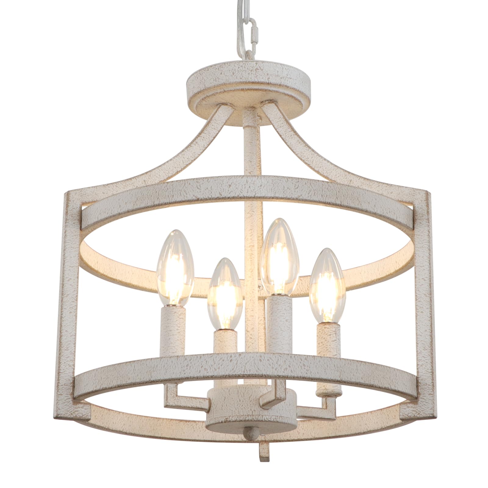 Wbindx 4-Light Farmhouse Chandelier, Distressed Hanging Pendant Lighting, Convertible Semi Flush Mount Ceiling Light Fixture Vintage White Metal Chandeliers For Dining Room Kitchen Foyer Entryway