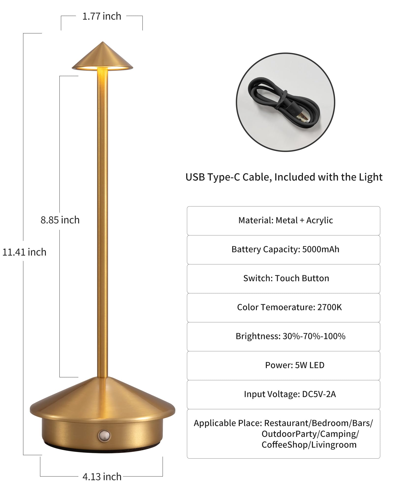 Newsee Cordless Table Lamp Set Of 2, Gold Led Desk Lamps With Rechargeable Battery, Portable Lighting
