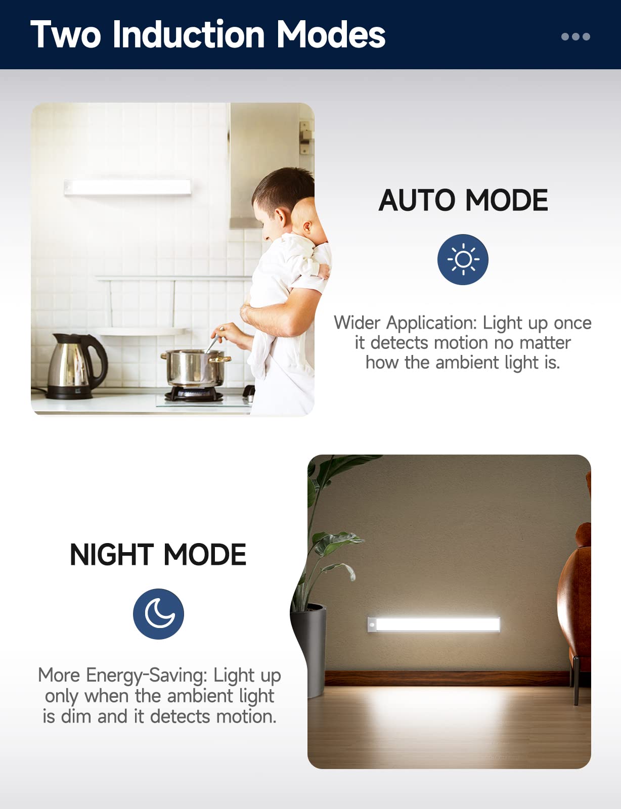 Yiger 40 Led Under Cabinet Lighting, Rechargeable Motion Sensor Night Light, Silver-White, 2 Pack