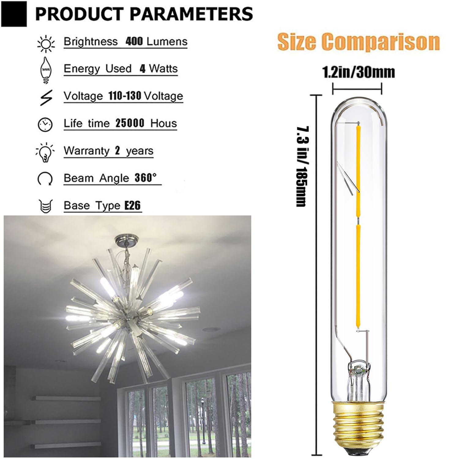 Leools T10 LED Bulb 4W Dimmable E26 Glass 4000K Daylight 40W Equivalent 400lm for Pendant and Desk Lamp, 4Pcs