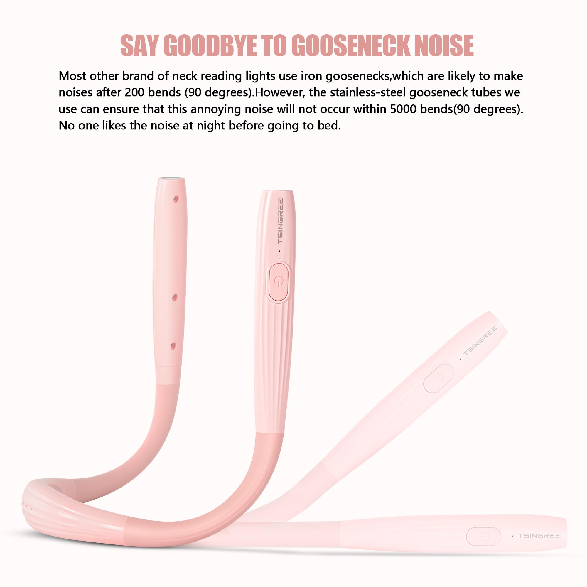 TSINGREE LED Neck Reading Light, Rechargeable, 3 Colors & Brightness, Sakura Pink, Model TNBL3, Auto-Off Timer, Perfect for Reading & Crafts