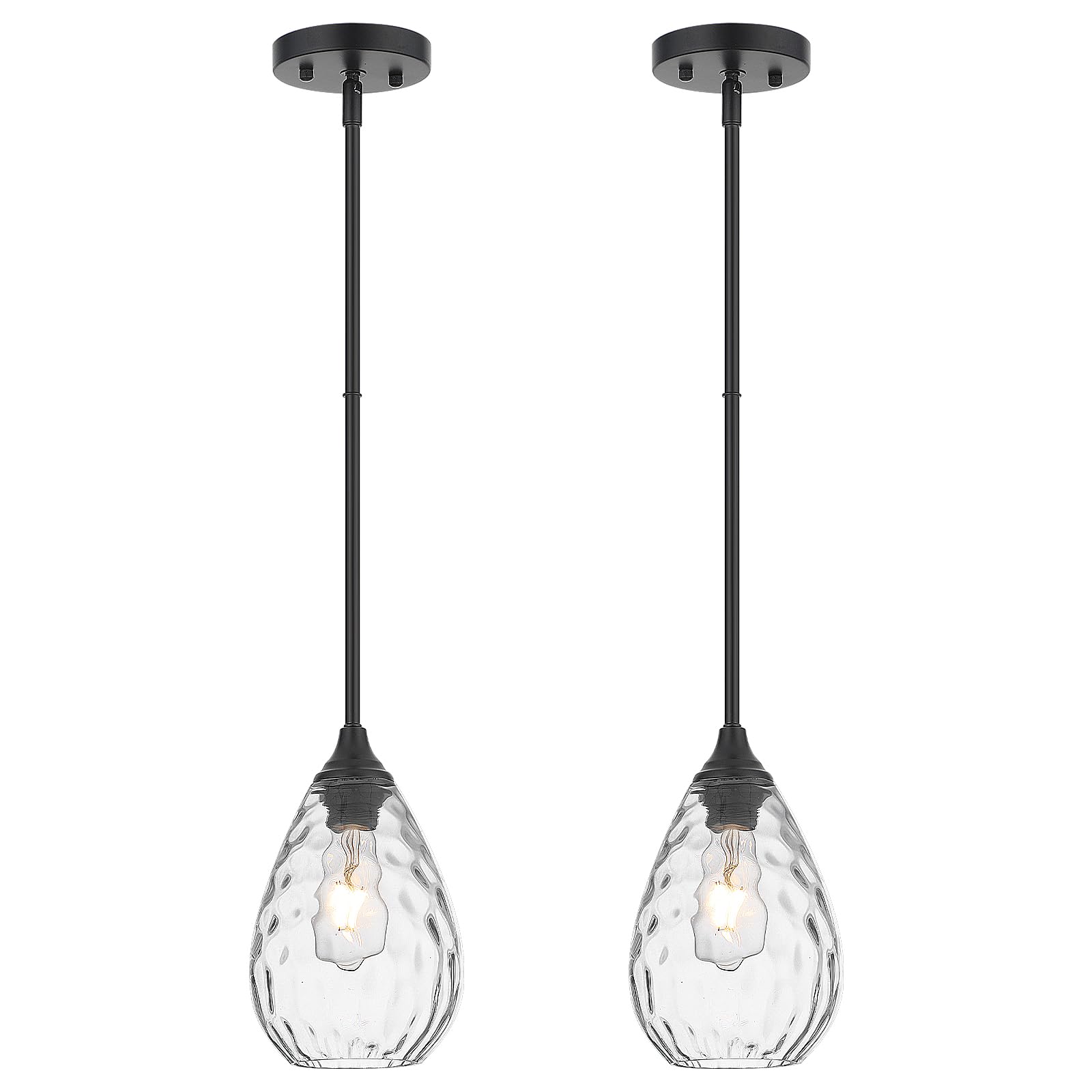 SADUENFR Black Pendant Lights Kitchen Island 2 Pack  Modern Glass Pendant Light Fixtures with Hammered Glass and Rods  Adjustable Small Hanging Light for Kitchen Sink Dining Room Bathroom