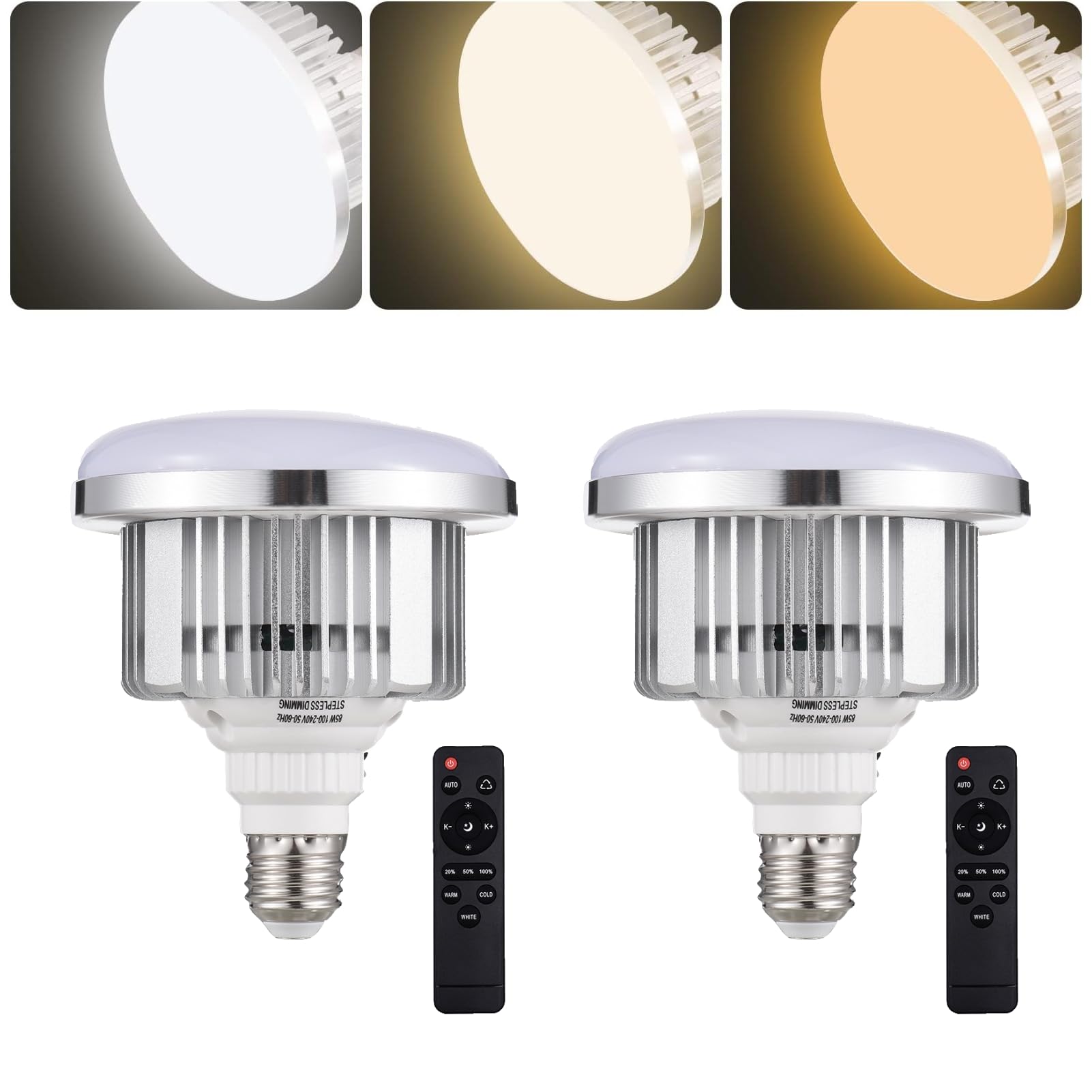 Andoer 85W LED Photography Light Bulb, Adjustable Brightness, E27 Mount, 3200K-5500K, 2 Pack, White & Silver