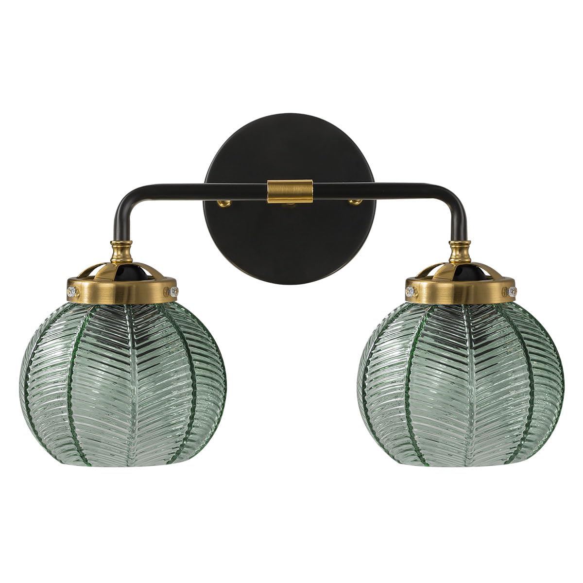2 Light Black Bathroom Vanity Light Vintage Wall Sconce Glass Wall Sconce Light Wall lamp with Ribbed Green Glass Shade mid Cent