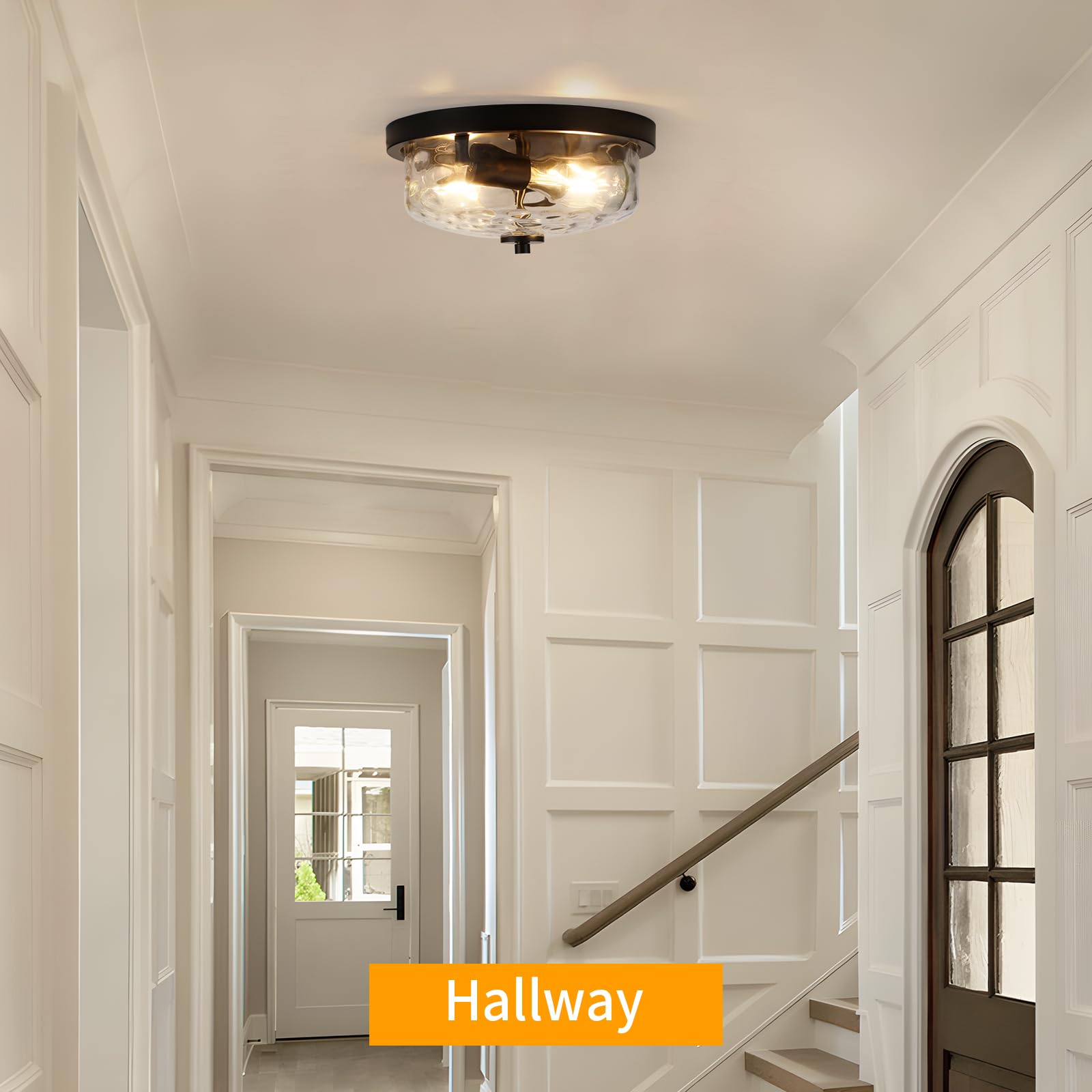 Foucasal Black Flush Mount Ceiling Light, Farmhouse Hallway Light Fixtures With Water Ripple Glass Shade 2-Light Outdoor Flush M
