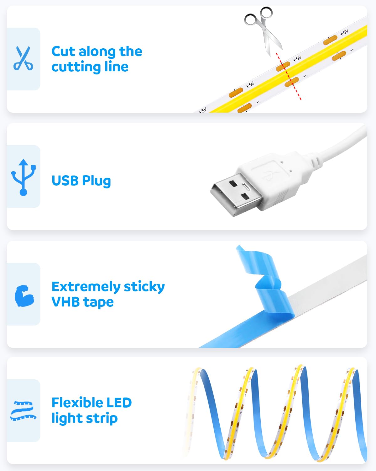Aclorol Usb Led Light Strip Cob Led Strip Lights 5V Daylight Cold White 6000K 3.28Ft 320Leds Flexible Tv Led Lights Usb Powered