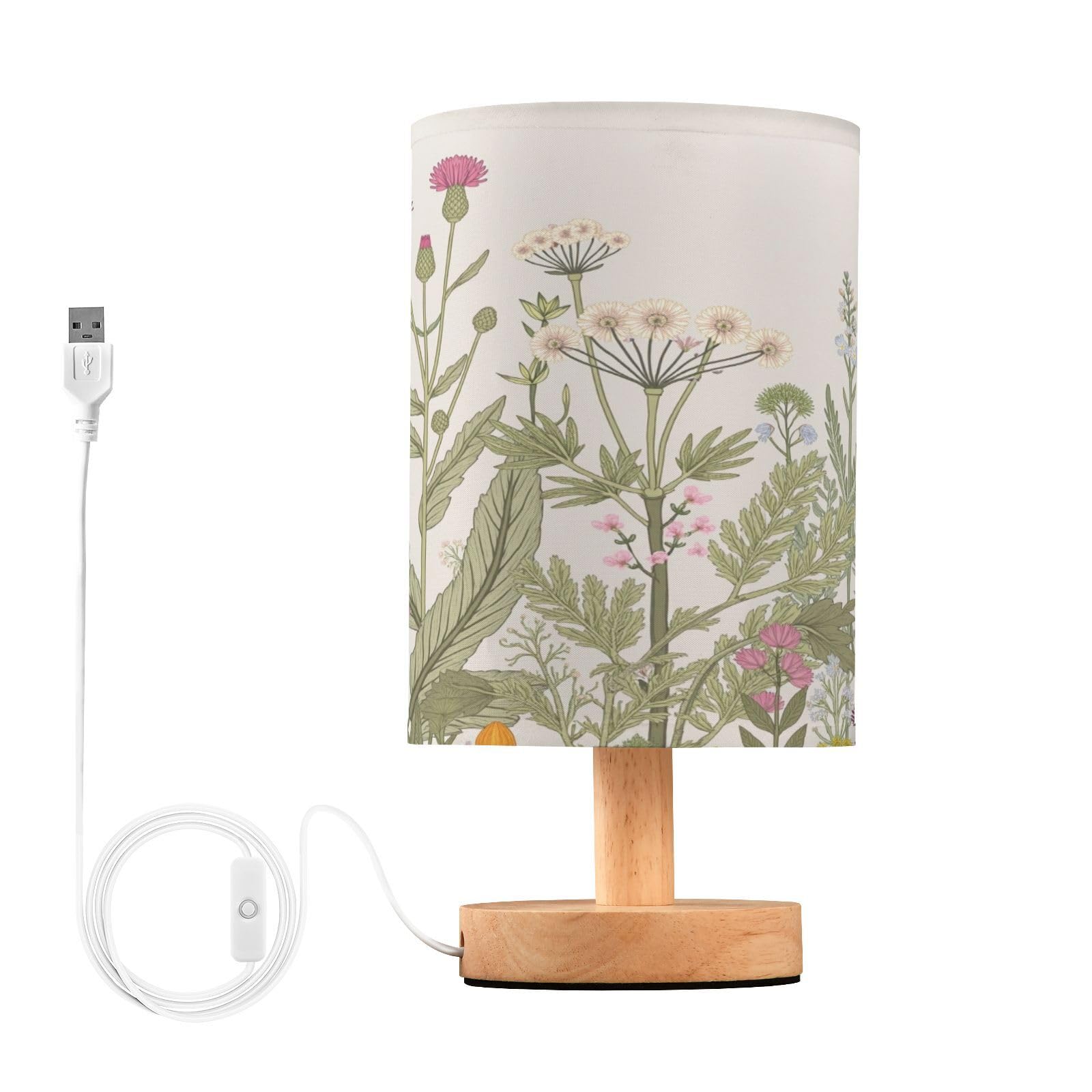 BOENLE Bedside Lamp Flowers Herbs Wildflowers Botanical Table Lamp for Bedroom LED Nightstand Lamp Shade USB Ports Wood Base for