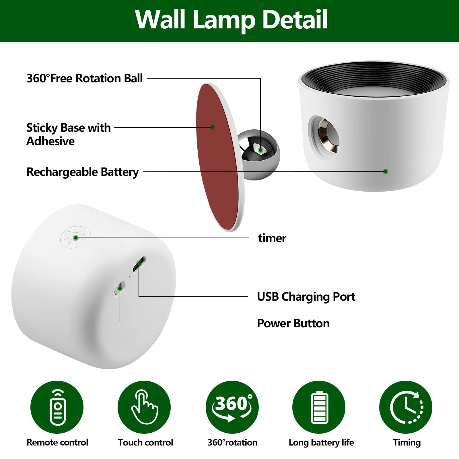 Amouhom LED Wall Sconce with Remote Touch Control Wall Mounted Night Light 5 Brightness Levels &7 Colors with 2500 mAh Battery 3