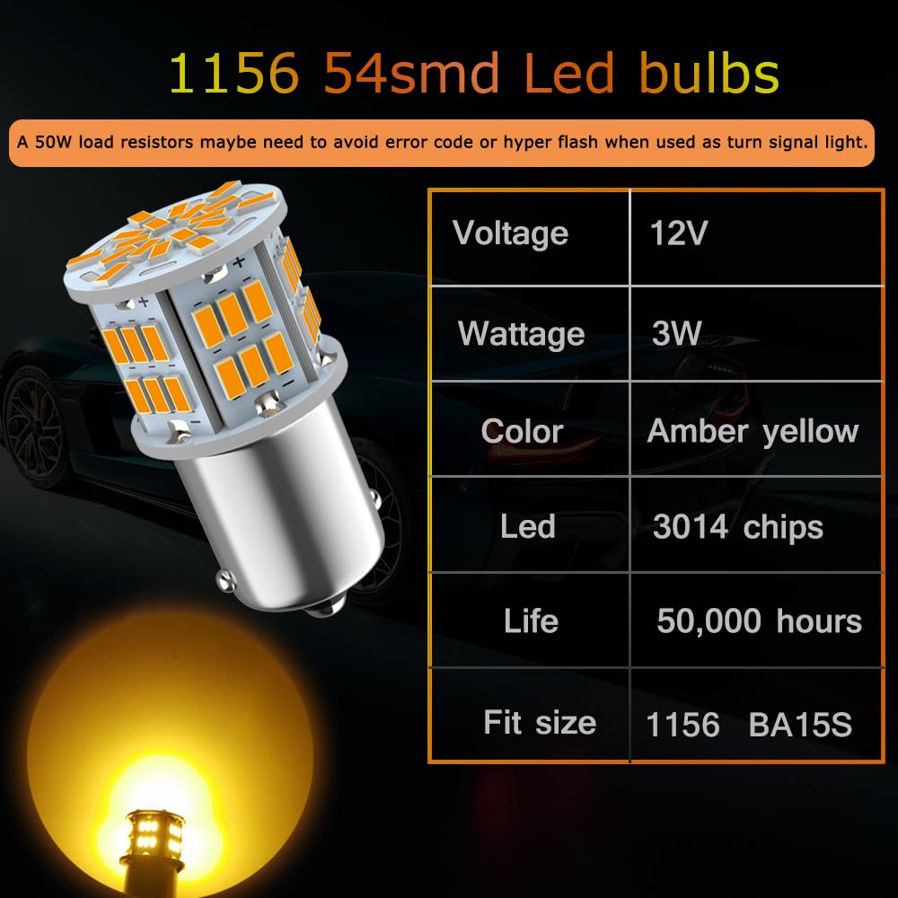 Melphan-Auto 1156 Bulb, Amber LED 54SMD, 12V-24V, Reverse Light, 2pcs for Truck Car Tail Parking, Camper Trailer RV