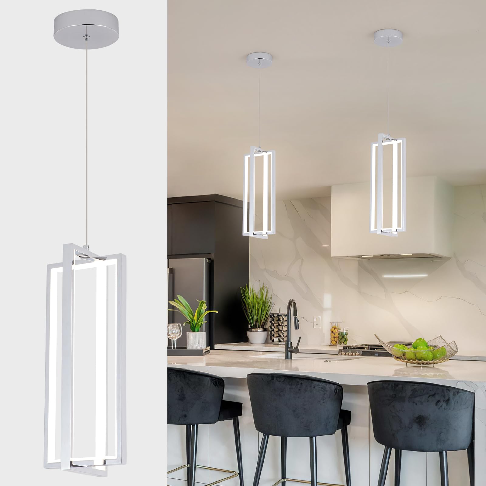 EIDISUNY Modern Led Pendant Light Fixture  15W led Pendant Lights Kitchen Island  4500K Daylight White Pendant Lamp  Adjustable Height Pendant Light for Kitchen Dining Room Bedroom (Chrome)