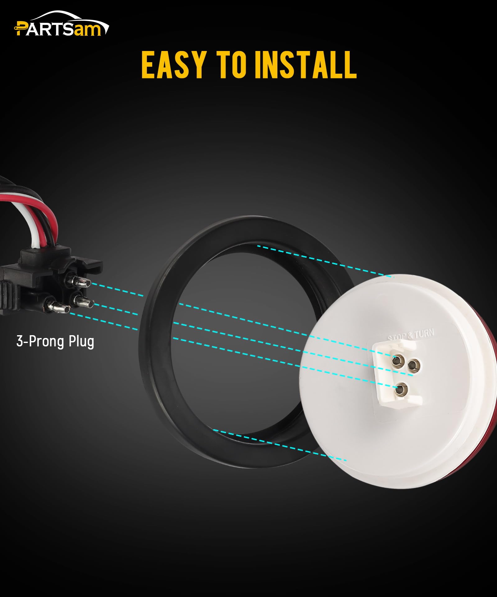Partsam 4" Round Red LED Trailer Tail Lights - 8Pcs Brake Lights with Rubber Grommets & 3-Prong Wire Pigtails Included