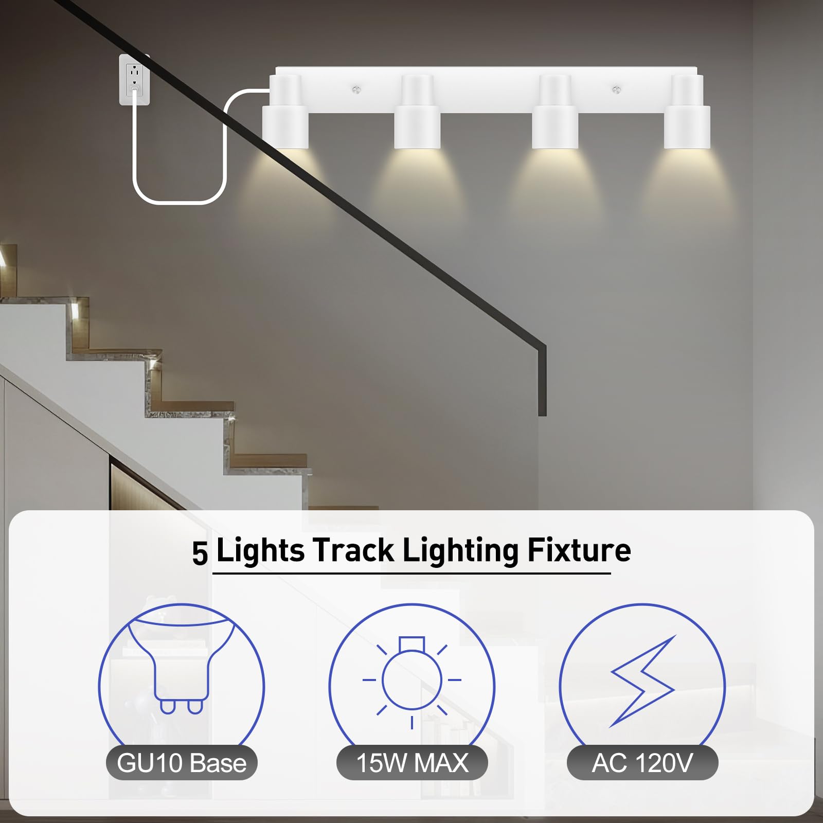 Plug-In Led Track Light Fixtures, 23'' White 4-Way Spotlight, Rotatable Track Head, Plug-In Ceiling Light With Power Cord, Wall