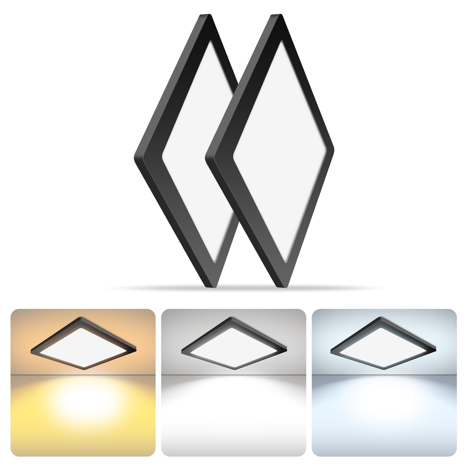 Mw 2 Pack 9 Inch Square Black Ceiling Light, 18W, 120V, 3000K/4000K/5000K Adjustable, Dimmable Slim Led Ceiling Light, Low Profi