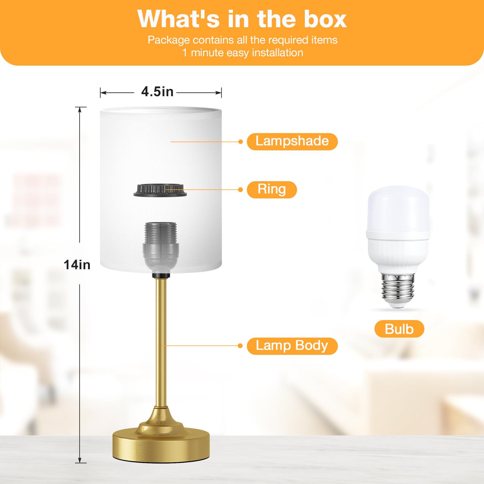 Fenmzee Gold Nightstand Bedroom Lamp - 3 Way Dimmable Bedside Lamp, Small Table Lamp Linen Lampshade For Office Desk, Led Bulb I