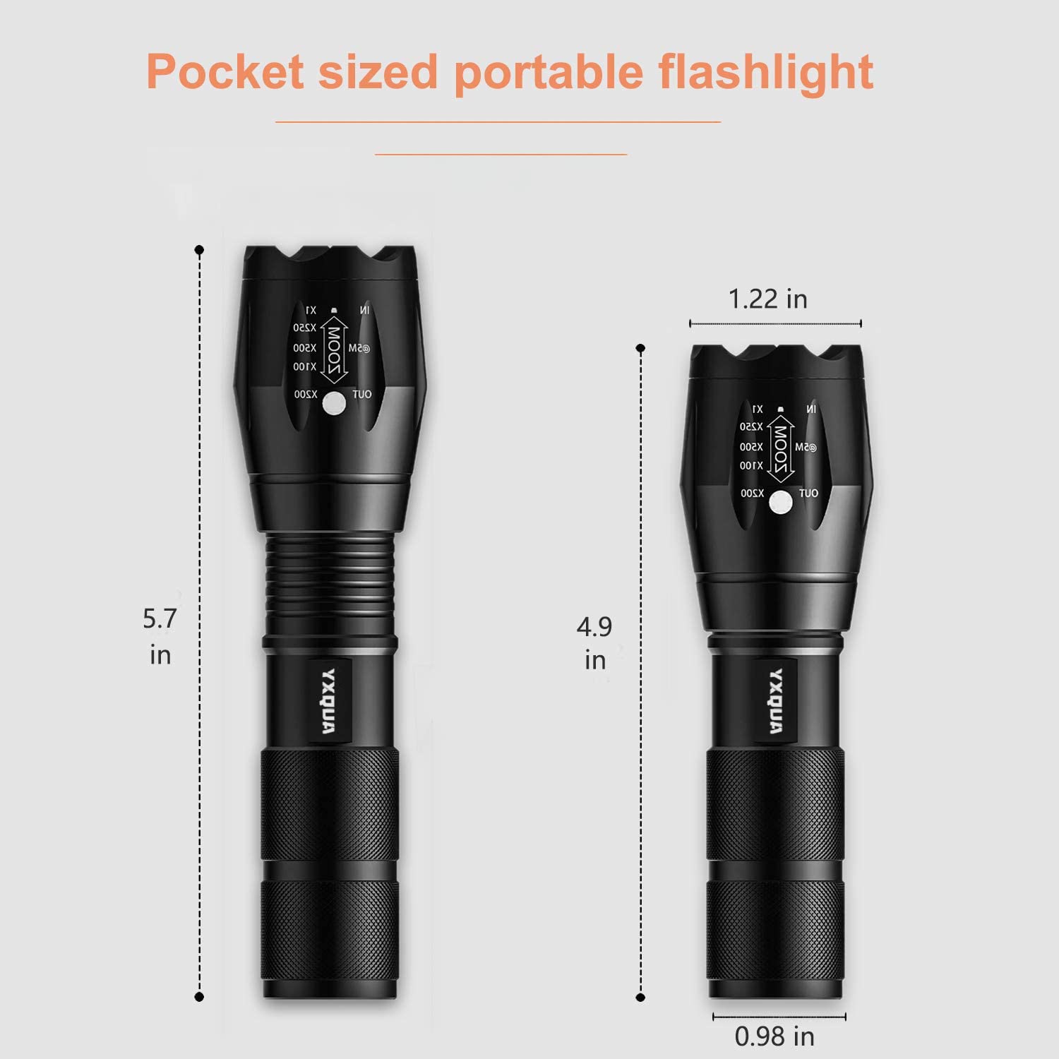 YXQUA USB Rechargeable Flashlight - 8381 High Lumens, Zoomable, Waterproof, 5.1 in, Black, Aluminum