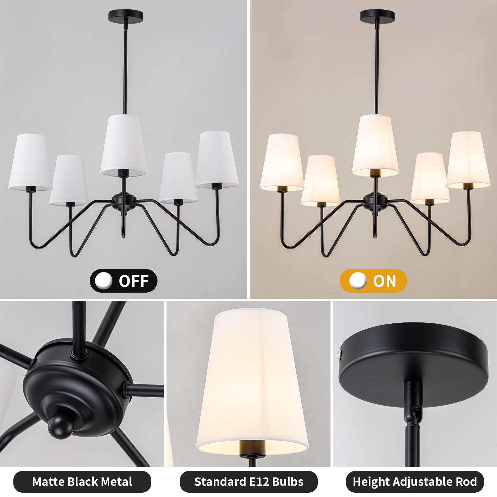 FIYUEOYI Modern 5 Light Chandelier, Adjustable Black Pendant Light with White Shades for Living Room, Dining Room, Bedroom - Model YUX003