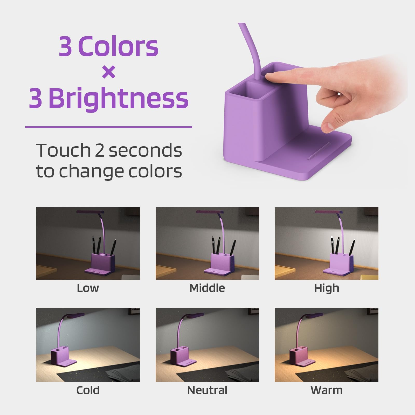 Axx Cute Purple Desk Lamp, Rechargeable Study Table Light For Home Office, Small, Battery Operated, Led, Flexible Gooseneck, Min