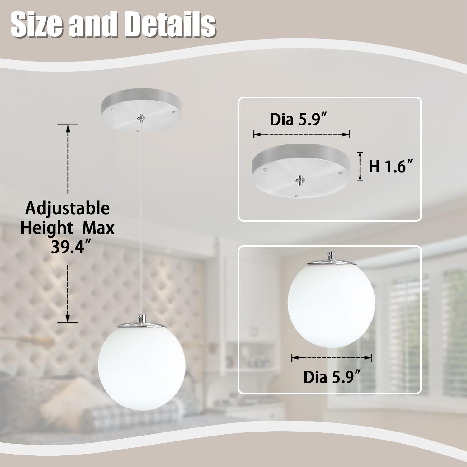 Ykolupty 1-Light Modern Pendant Light Fixtures Silver Chandelier With White Globe Glass Dimmable Ceiling Light Glass Pendant Lig