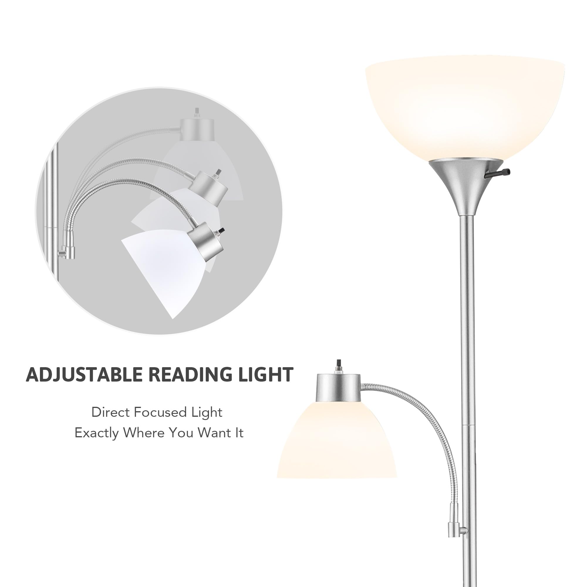 Vonluce Torchiere Floor Lamp, 71'' Standing Lamp With Adjustable Reading Lights & 2 Bulbs, 3 Color Temperatures Modern Tall Pole