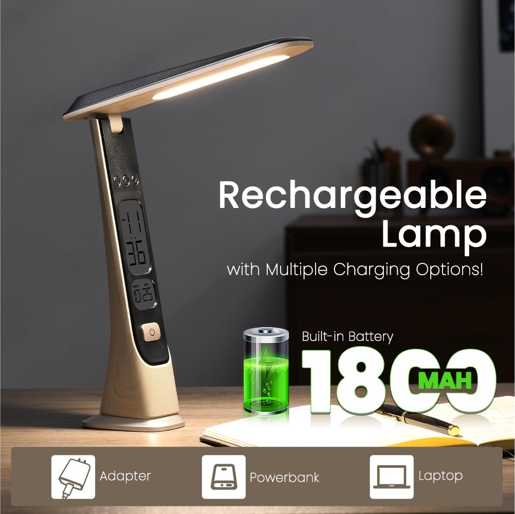 WILIT Rechargeable Cordless Table Lamp, Portable Desk Light, Stepless Brightness, U30C, Black & Natural Yellow Wood Grain, Standard Size
