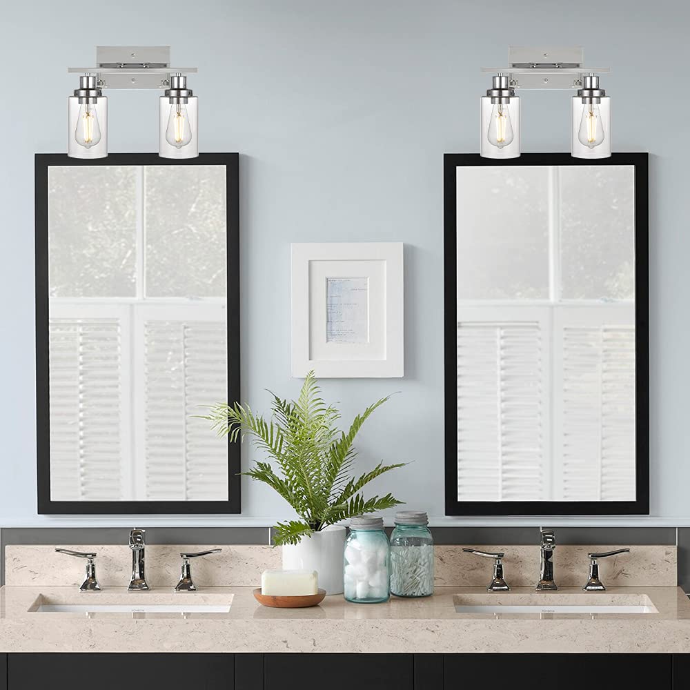 MELUCEE Wall Sconces 2-Light Chrome Modern Bathroom Lighting Fixture with Clear Glass Shade Model 450-2W-CH