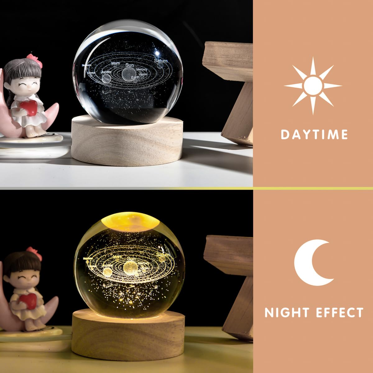 QIANCHANG Solar System 3D Crystal Ball Night Light, 60mm Glass Sphere Lamp, Decorative Crystal Paperweight, Galaxy Design