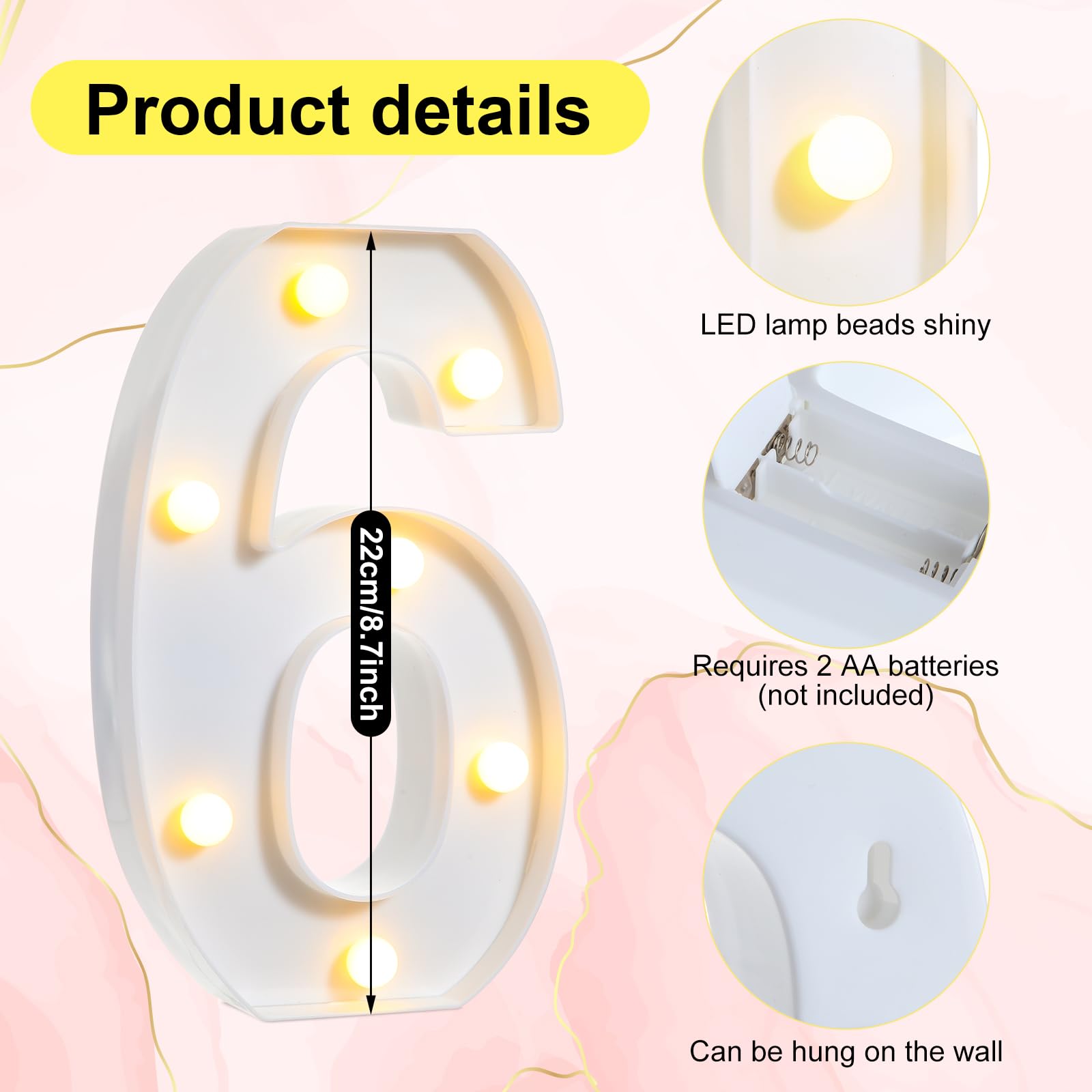 Treela LED Decorative Number Sign, Glitter Marquee for Birthdays, 60th Size, White, Model JR-Treela-4354