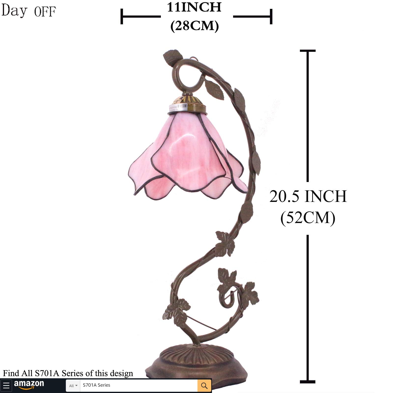 WERFACTORY Tiffany Lamp - Pink Stained Glass Table Lamp, 8X10X21 Inches, Metal Leaf Design for Bedroom & Home Office, S701 Series