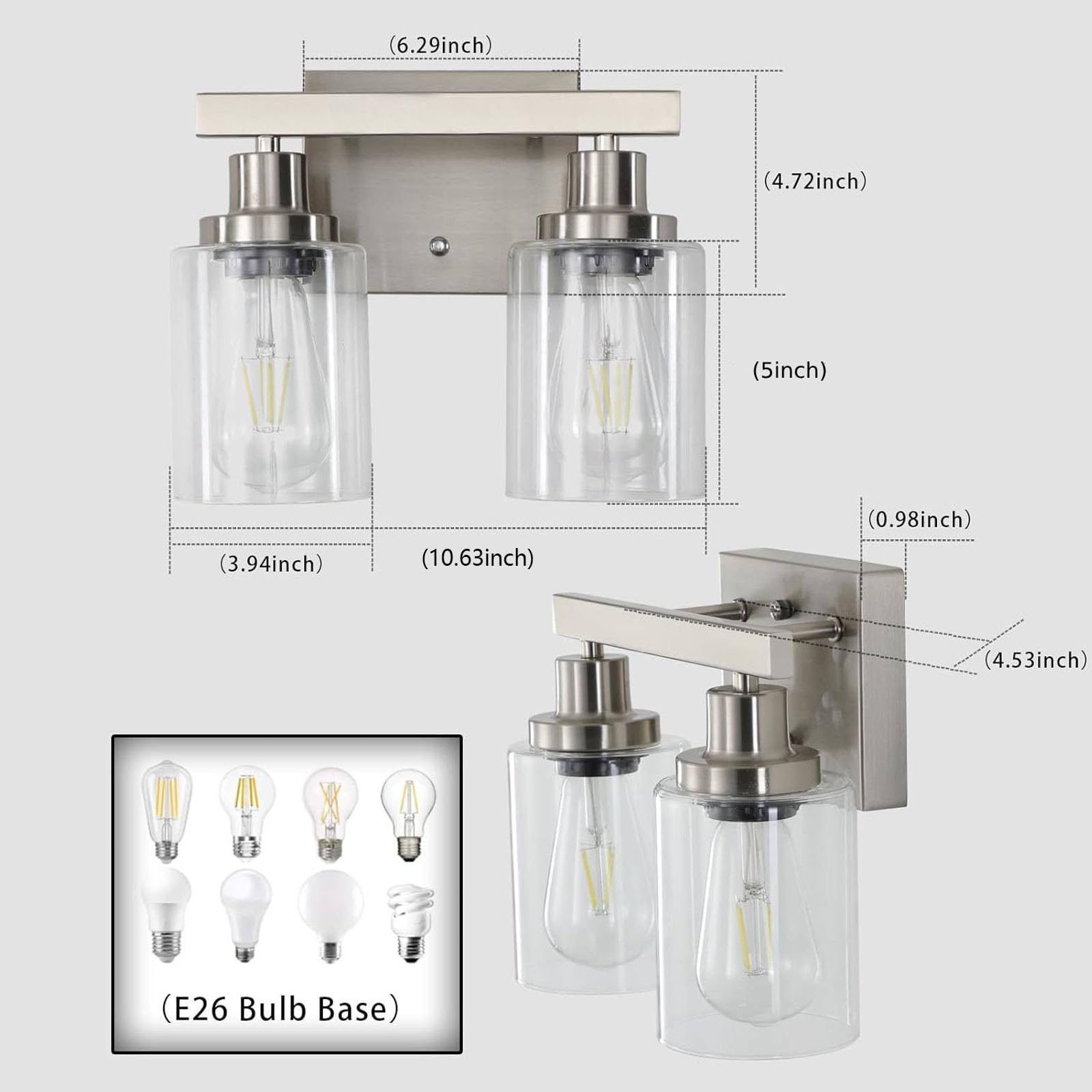 DIKAIDA Bathroom Vanity Light 2-Light Nickel Modern Metal Sconce with Clear Glass Shade NS-2
