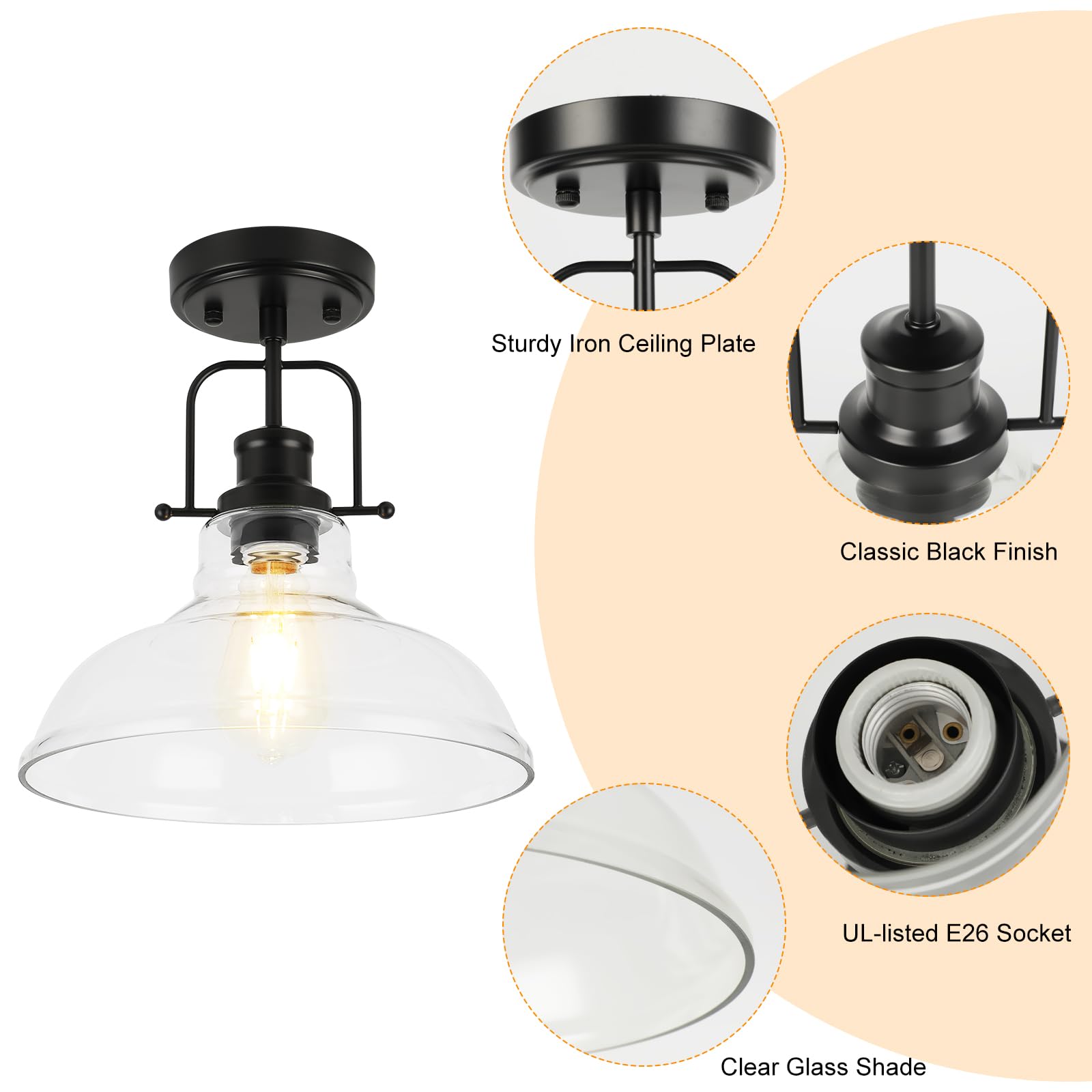 Wilon Semi Flush Mount Ceiling Light Fixture, Black Farmhouse Light Fixtures With Clear Glass Shade, Modern Vintage Ceiling Lamp
