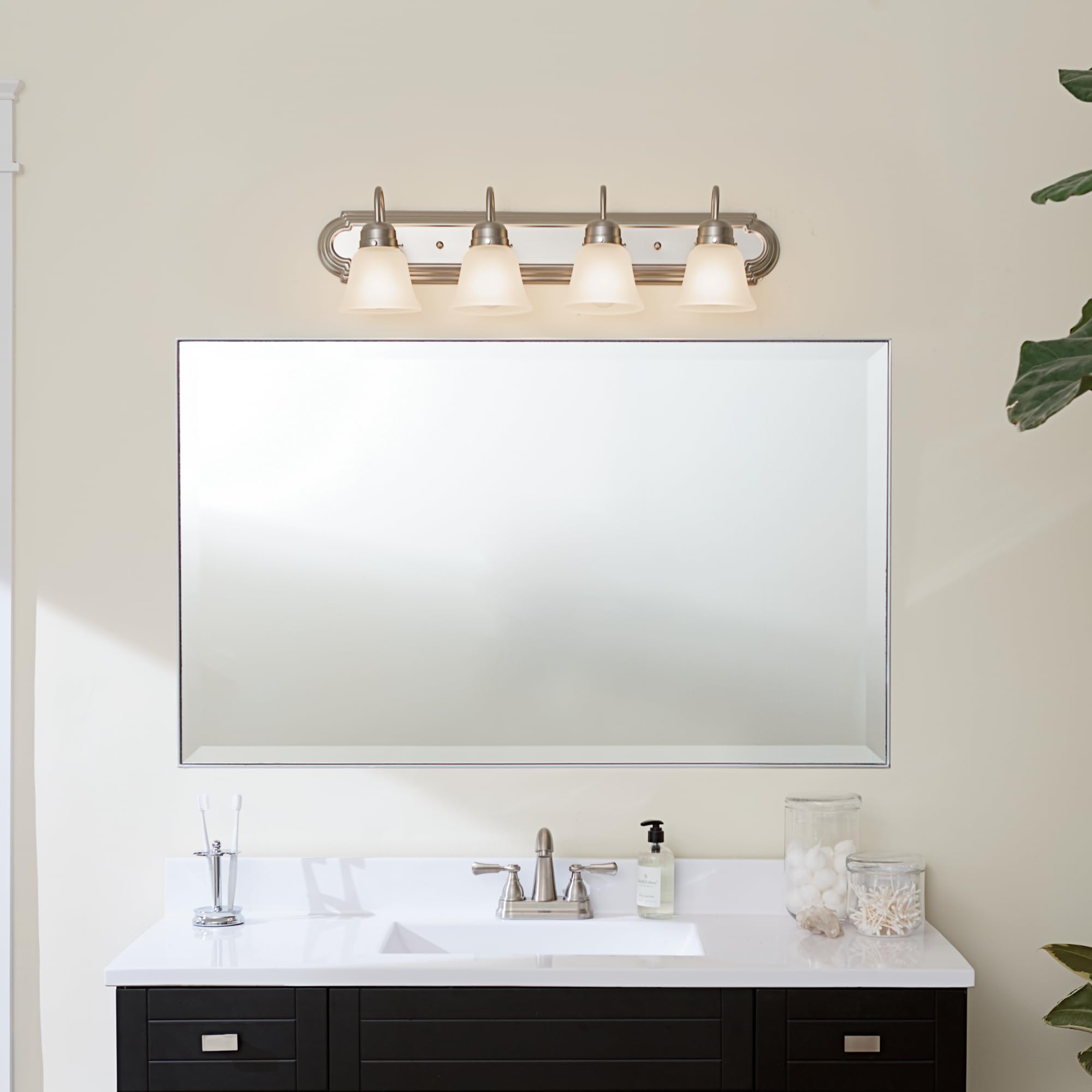 Kichler 30'' 4-Light Vanity Bath Light In Brushed Nickel, Modern Bathroom Light With Clear Satin Etched Glass, (30'' W X 8'' H),