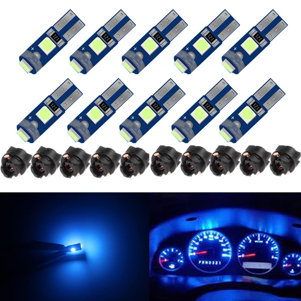 Blyilyb 10-Pack Ice Blue T5 2721 37 74 Wedge Led Bulb Pc74 Twist Sockets Replacement Dash Dashboard Lights Instrument Panel Cluster Leds Lamps