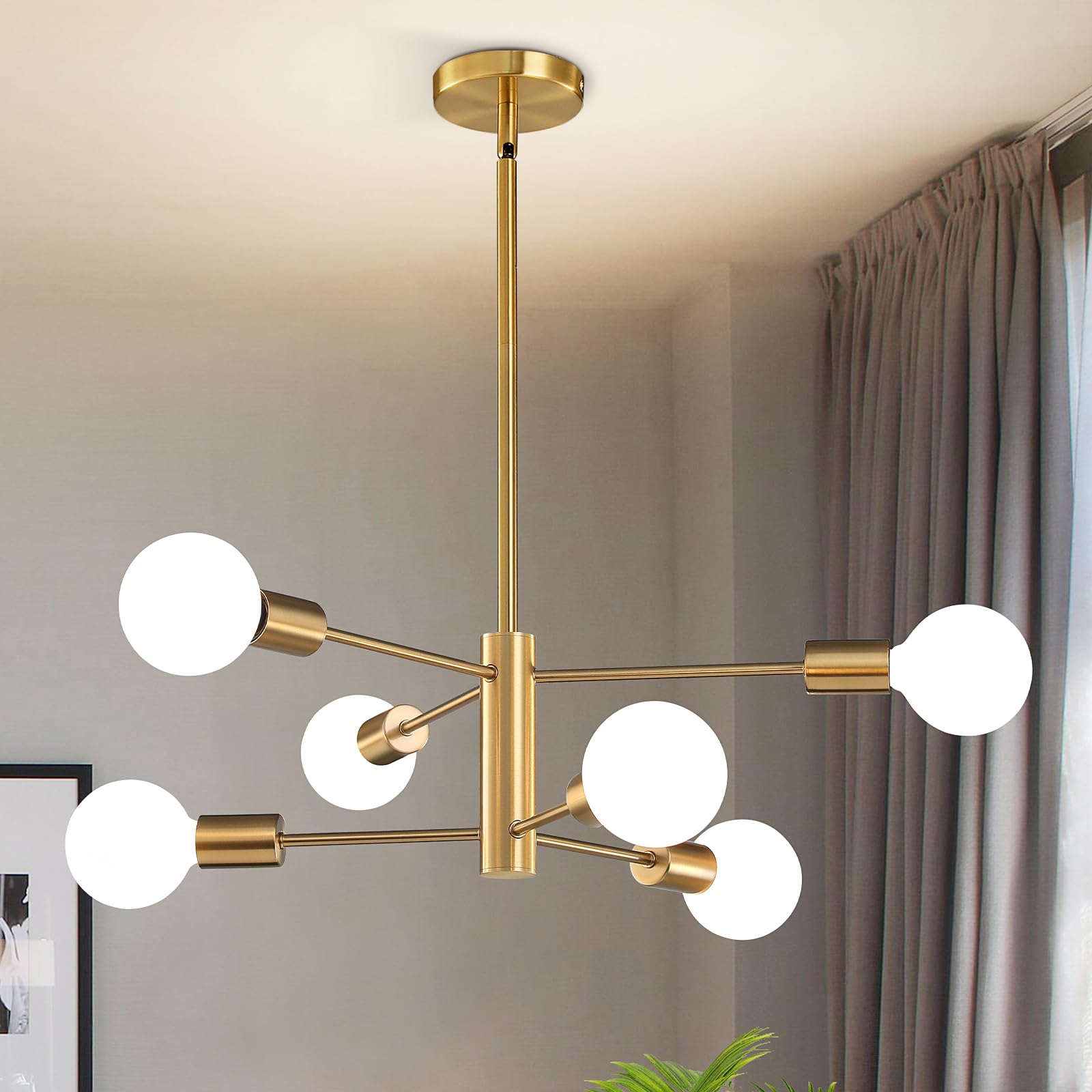 RUIYEY Modern Sputnik Chandeliers Light, 6-Light Gold Dining Room Chandelier Over Table, E26 Mid Century Ceiling Light Fixtures 