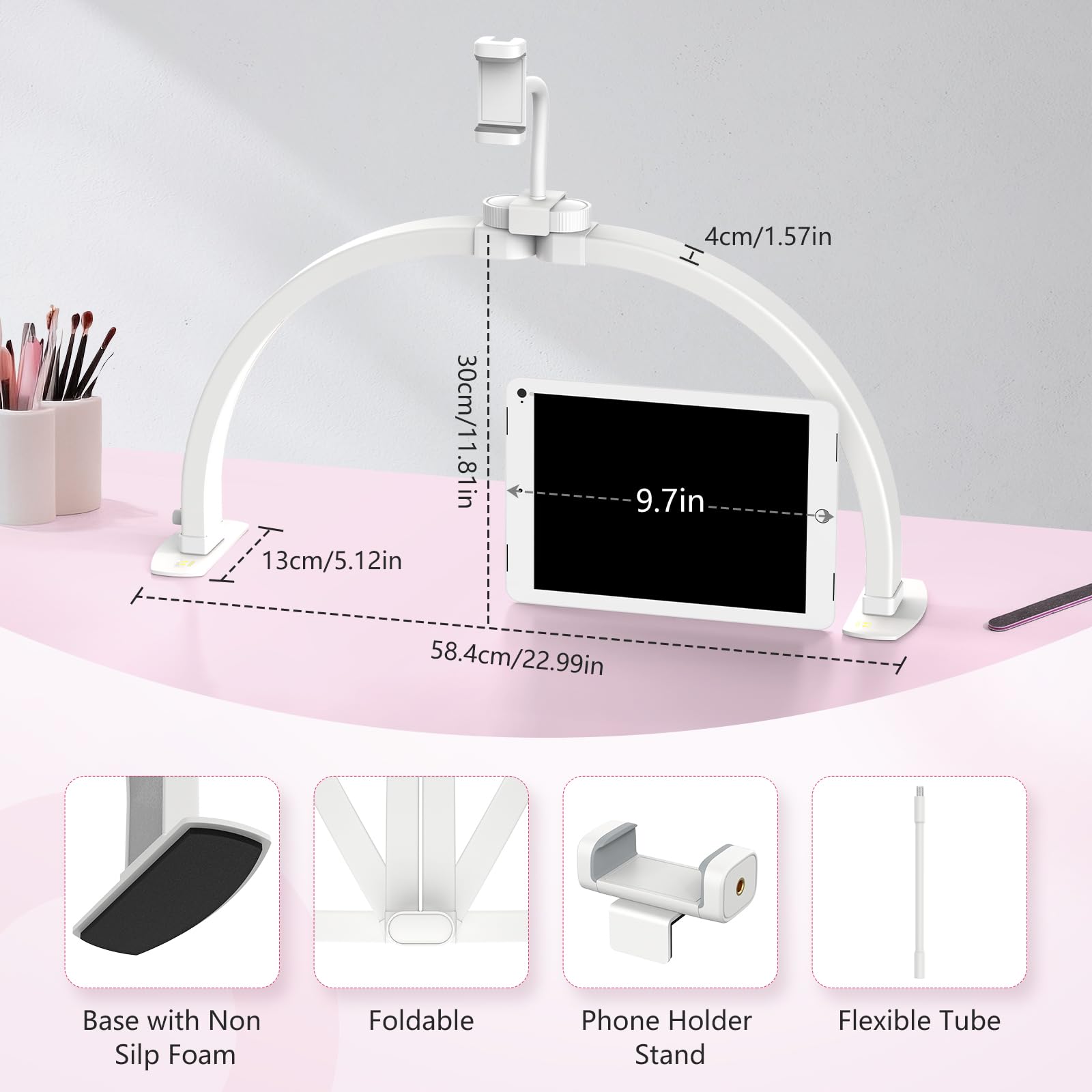 Yokilly Half Moon Nail Desk Lamp with Phone Holder, 23in, Aluminum, 3 Color Modes, 10 Brightness Levels, Small, White