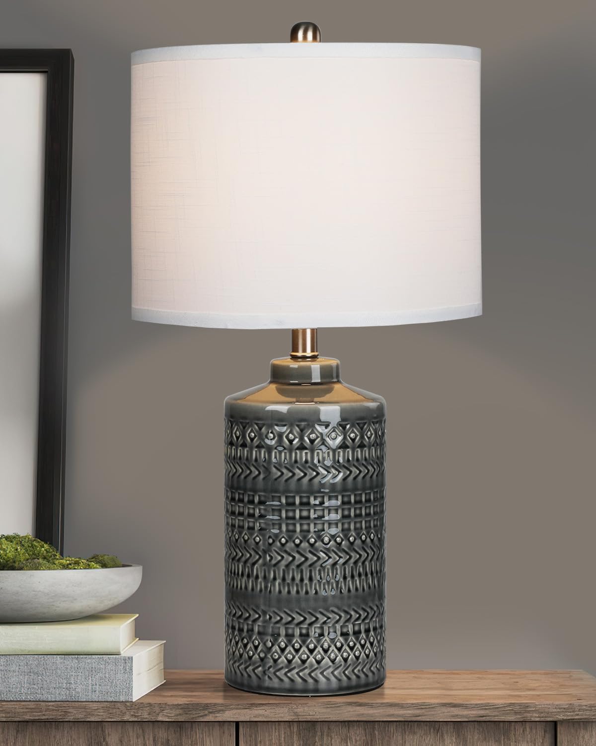 Modern Ceramic Table Lamp, 24.5'' Living Room Lamps 3-Way Dimmable Gray Nightstand Lamp with White Shade|Tall Bedside Lamp Desk 