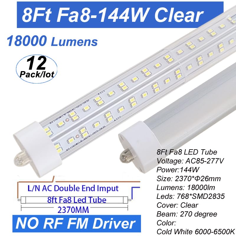 Caikag 8Ft Led Ballast Bypass Bulbs Single Pin 144W, F96T12 Replacement Single Pin Fa8 8 Foot Led Shop Lights, T8 T0 T12 Tube Li