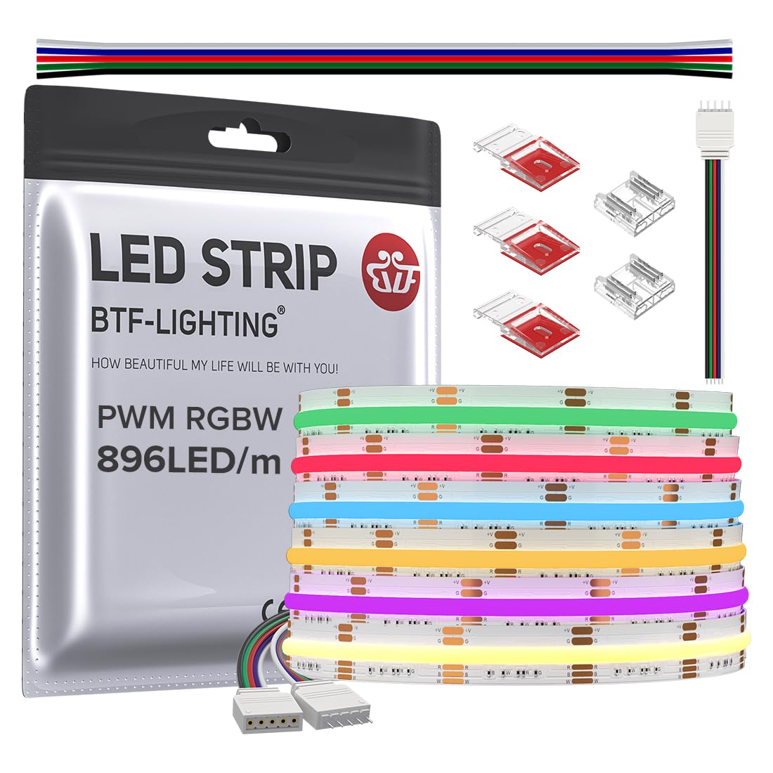 BTF-LIGHTING FCOB COB LED Strip 3000K RGBW 16.4FT DC24V High Density Plastic, Model FOB5M24V896LRGBWW30