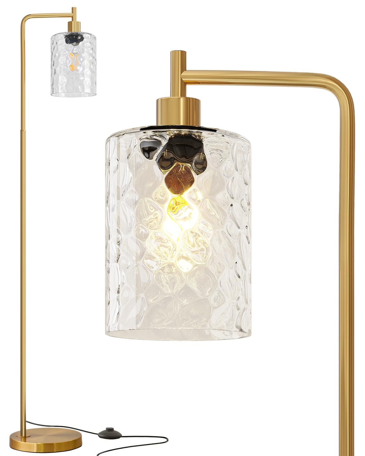 Oneach 66'' Gold Floor Lamp for Living Room, Industrial Floor Lamp with LED Bulb, Glass Shade, Foot Switch, Morden Tall Farmhous