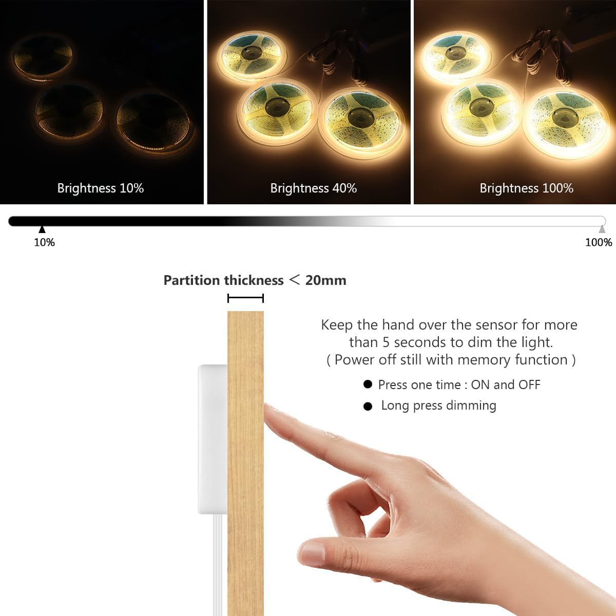 Tlinkosta Cabinet Light Cob Led Strip Lights 6-In-1 Dimmable Touch Control For Display Cabinets  Wardrobes  Kitchen  Wine Cabinets  Showcase & Shelf Lighting (Warm Light  3.3Ft)