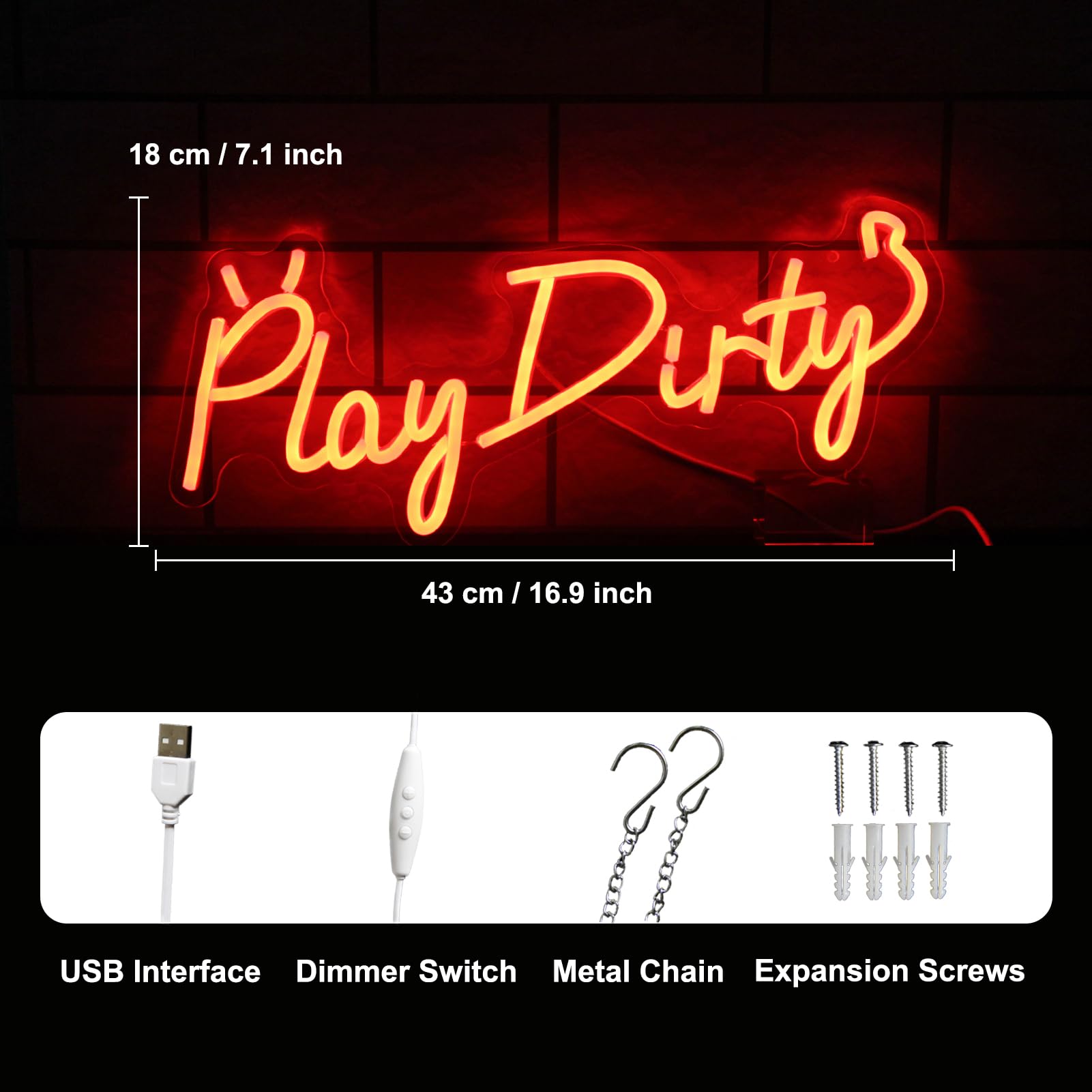 Kullneon LED Neon Sign - Play Dirty Devil Wall Decor, 16.9inx7in, Red Plastic, Dimmable for Bedroom, Bar, Party