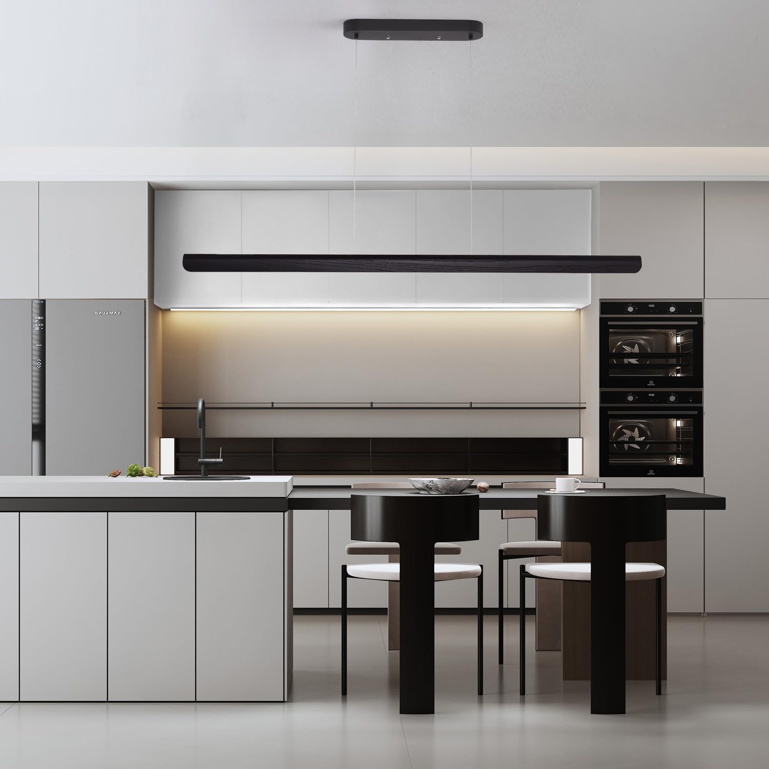 Yisdesign 55Inch Wood Led Linear Pendant Light  Dimmable Wood Ceiling Lamp Minimalist Linear Chandelier  40W Warm Light 3000K  Modern Kitchen Island Dining Room Lighting Black Adjustable Height